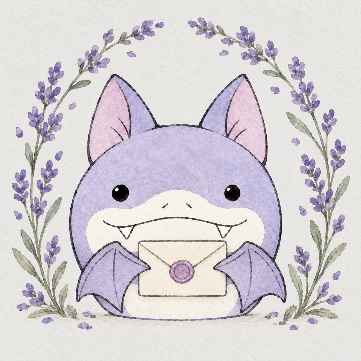 Lil Fang holding a sealed letter surrounded by lavender