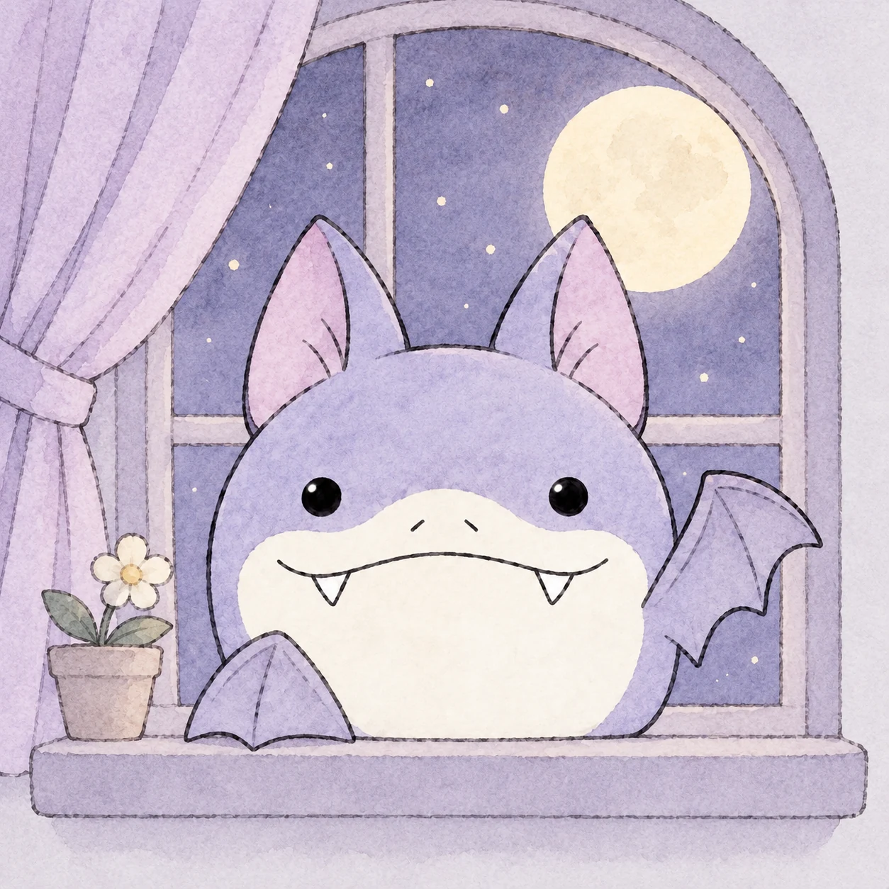 Lil Fang waving from a moonlit watercolor window